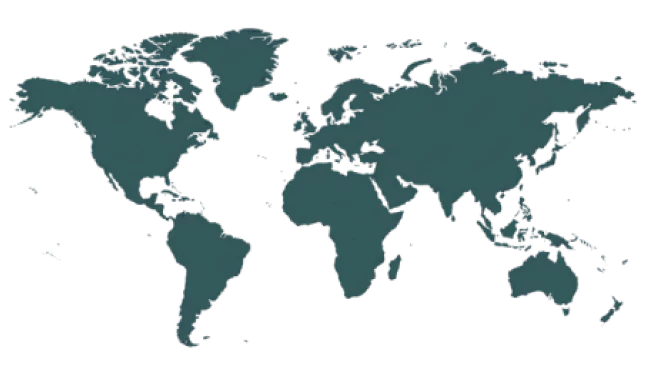 Silhouette map of the world showing all continents in dark teal