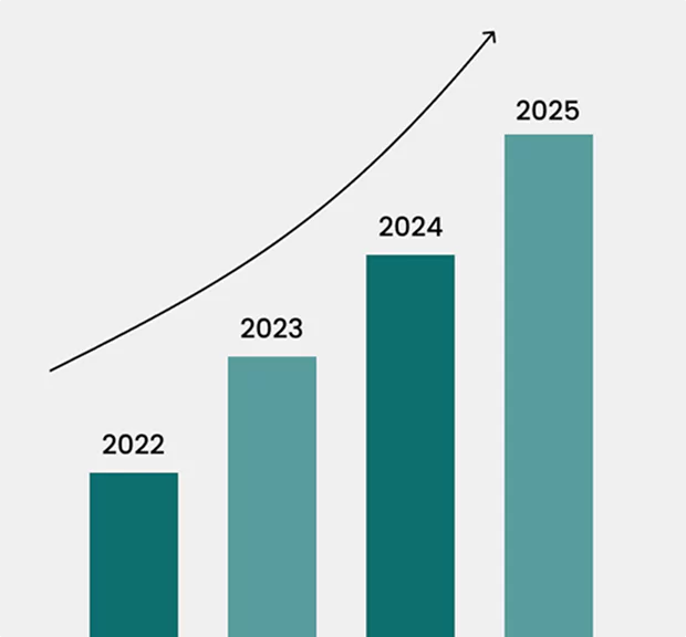 A bar chart showing growth over four years from 2022 to 2025